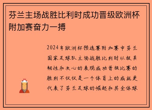 芬兰主场战胜比利时成功晋级欧洲杯附加赛奋力一搏