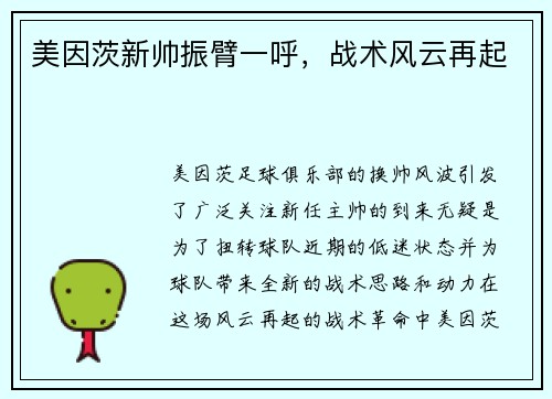 美因茨新帅振臂一呼,战术风云再起
