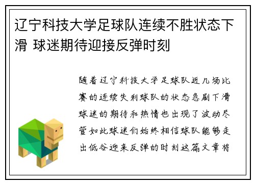 辽宁科技大学足球队连续不胜状态下滑 球迷期待迎接反弹时刻